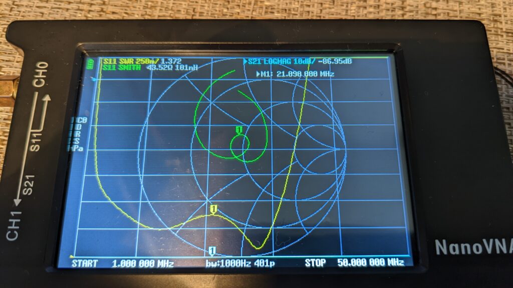 微調整後のEFHW用バランのサンプルのSWR特性。疑似空中線として5.1kΩを接続。黄色い線がSWR特性で、ご覧のように1.8MHz～28MHzまでSWRを1.xにすることも可能